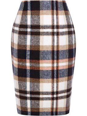 Brown Medium Plaid Wool Pencil Skirt for Women - Fall Winter Knee Length with